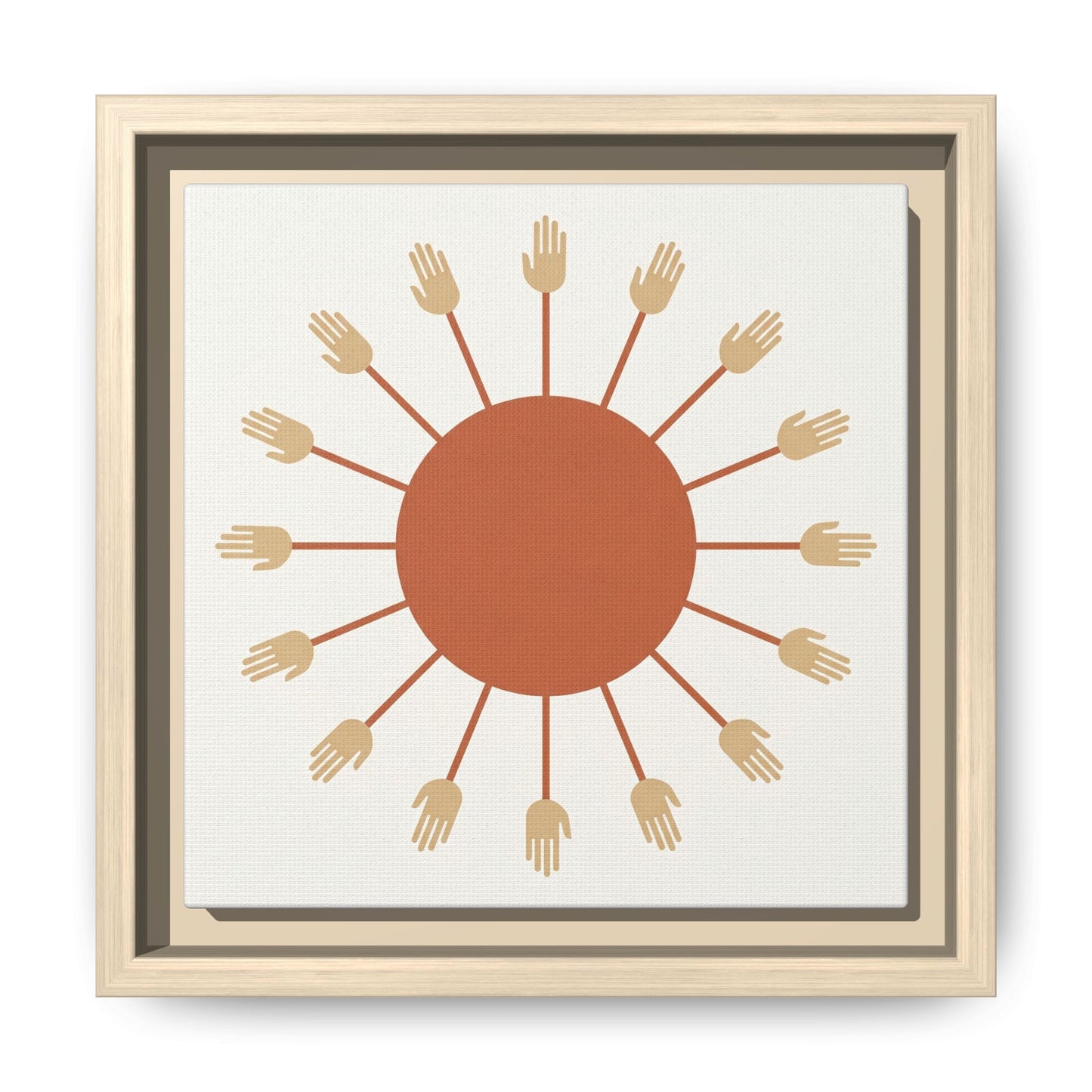 Aten sun rays Egyptian canvas styled above linen sofa in warm neutral living room with boho minimalist decor