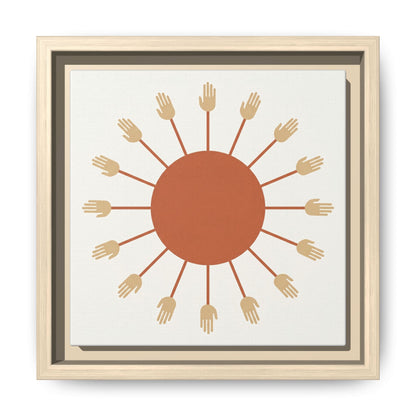Aten sun rays Egyptian canvas styled above linen sofa in warm neutral living room with boho minimalist decor