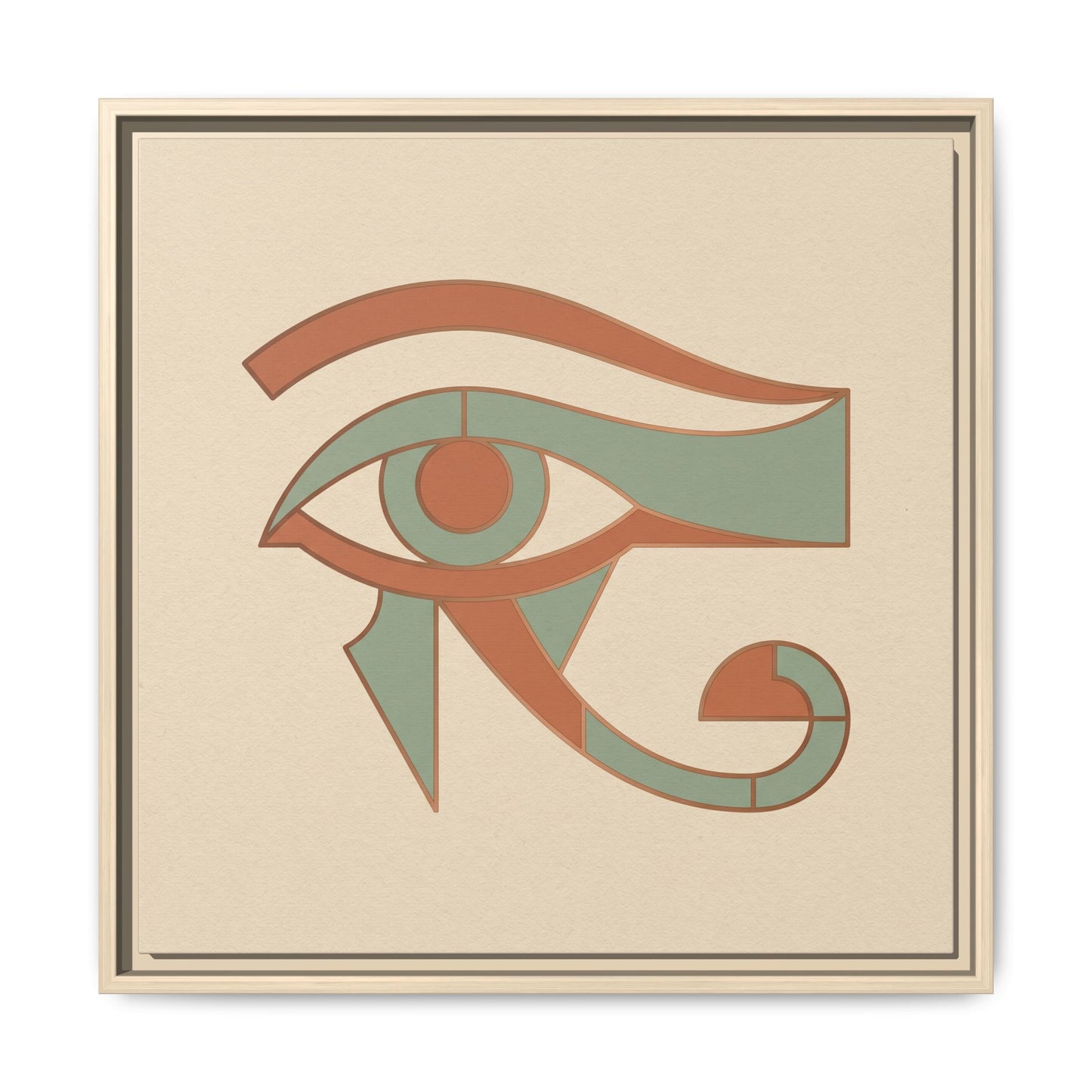 Eye of Horus protection canvas in modern entryway with oak console — earthy pharaonic harmony