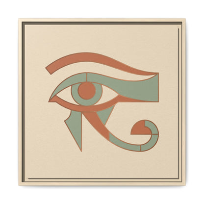 Eye of Horus protection canvas in modern entryway with oak console — earthy pharaonic harmony