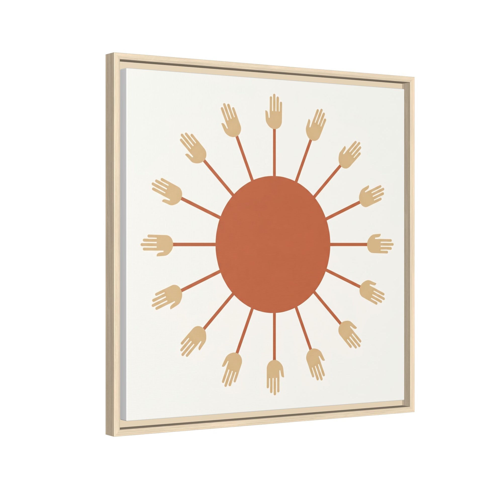 Egyptian sun disc canvas in modern dining room with rattan pendant and Japandi earthy decor