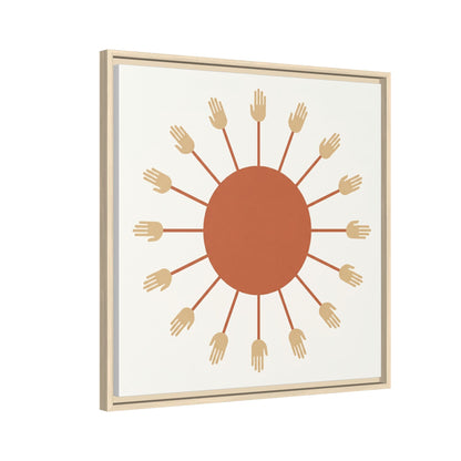 Egyptian sun disc canvas in modern dining room with rattan pendant and Japandi earthy decor