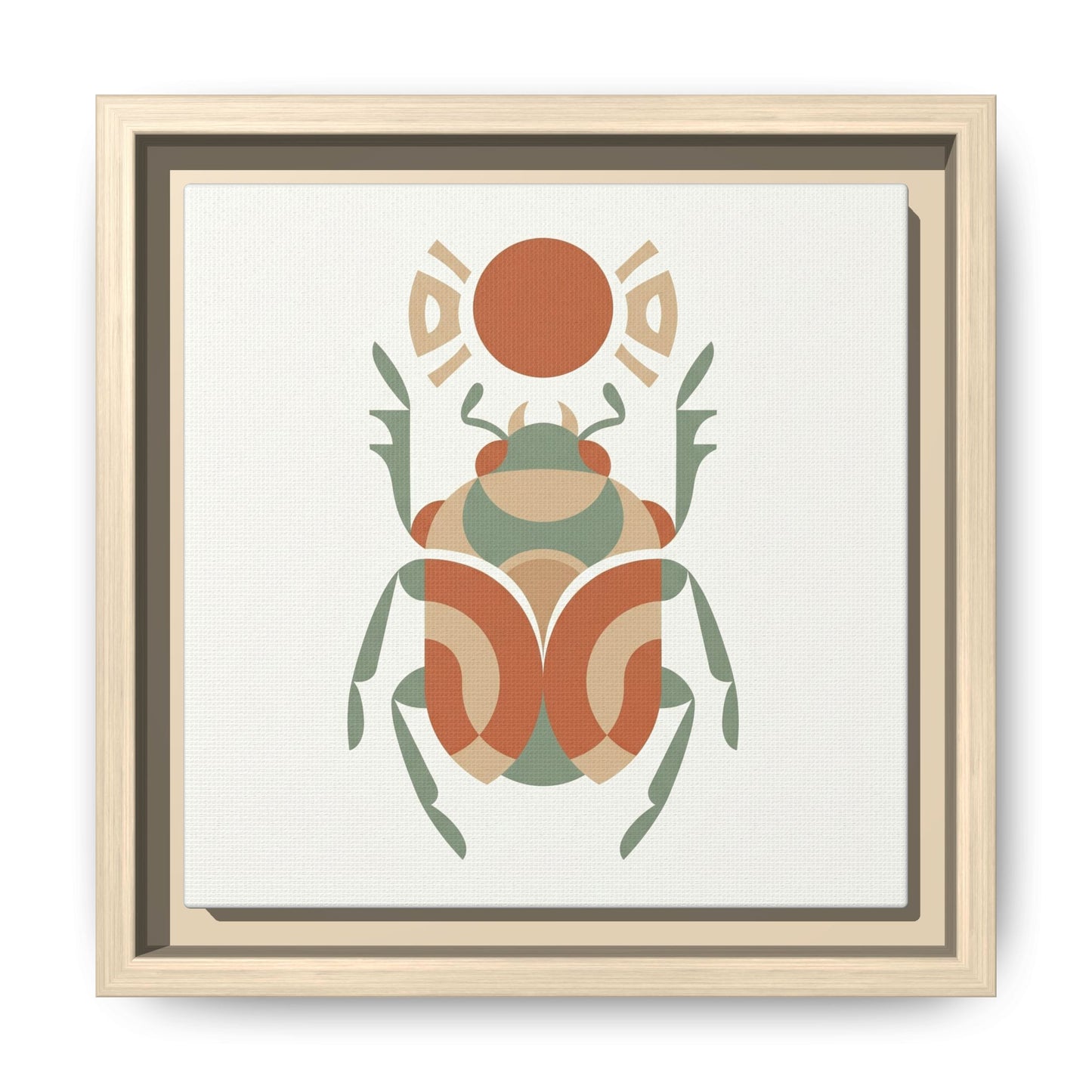 Scarab Khepri Egyptian canvas styled above linen sofa in warm neutral living room with boho decor