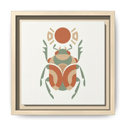 Scarab Khepri Egyptian canvas styled above linen sofa in warm neutral living room with boho decor