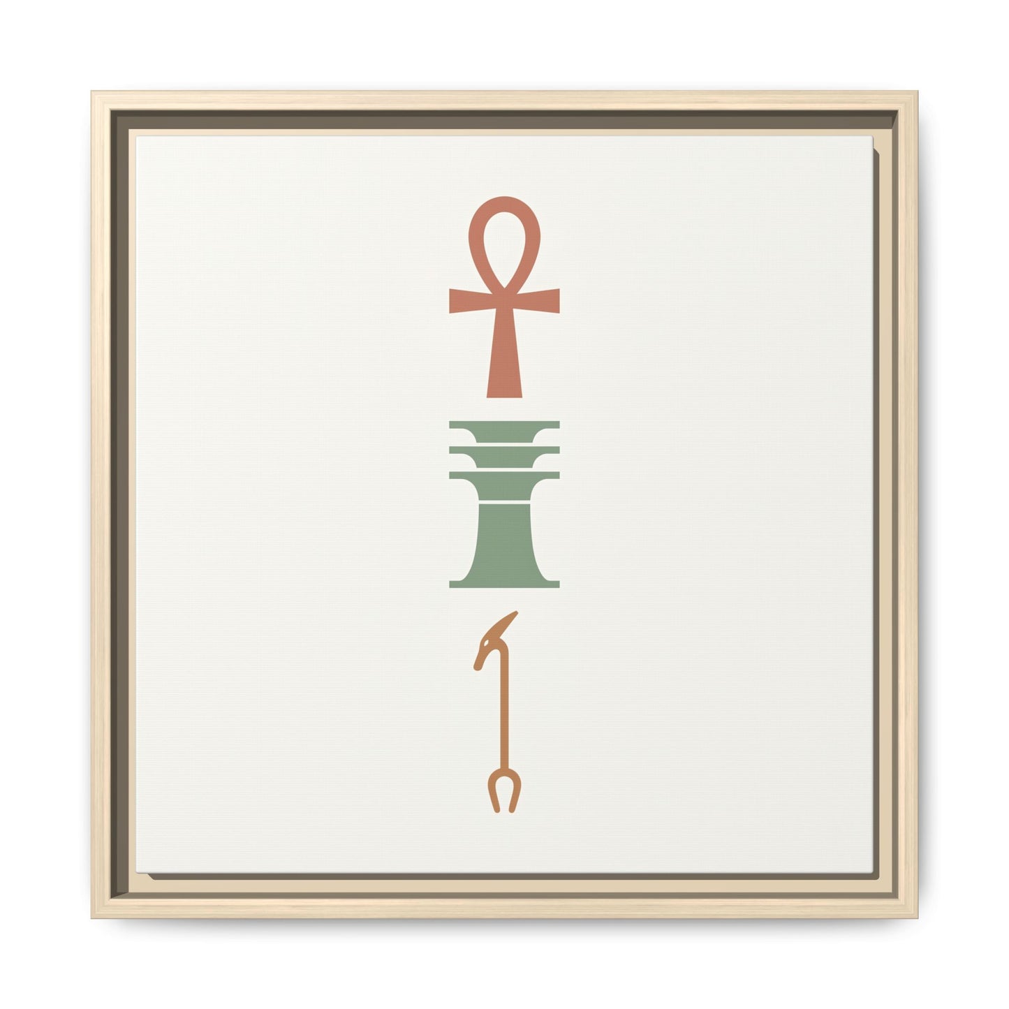 Japandi Egyptian Ankh trinity canvas above bed in minimalist warm neutral bedroom interior design