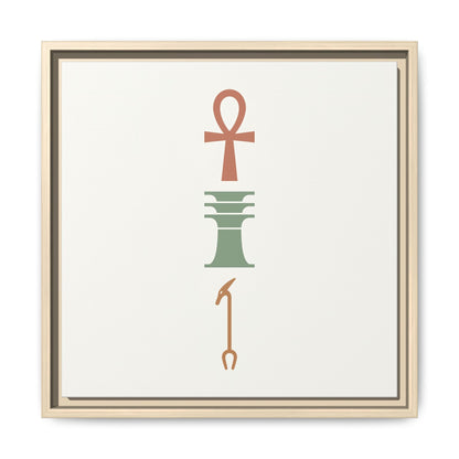 Japandi Egyptian Ankh trinity canvas above bed in minimalist warm neutral bedroom interior design