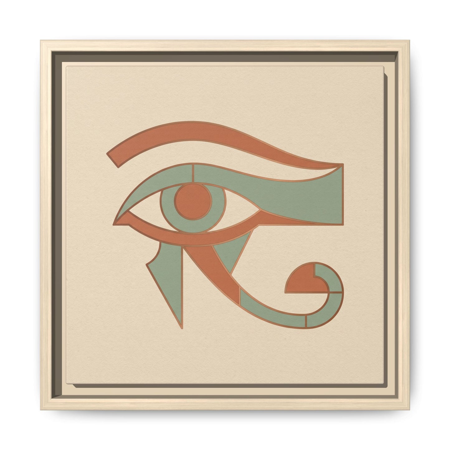 Wadjet Eye of Horus minimalist canvas hung above mid century modern dresser in warm neutral bedroom