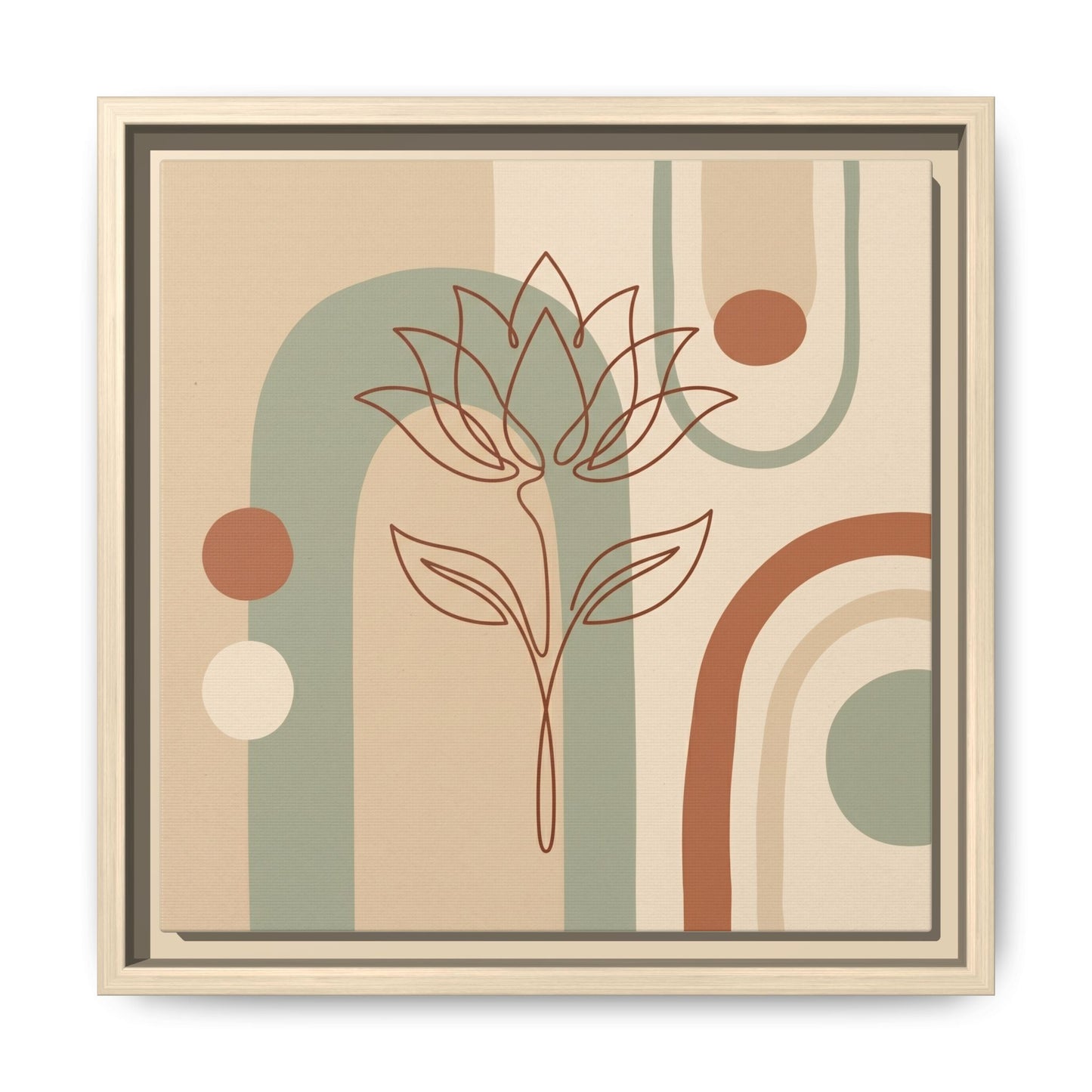 Egyptian lotus rebirth canvas hung above mid century modern dresser in warm neutral bedroom