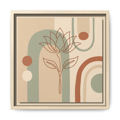 Egyptian lotus rebirth canvas hung above mid century modern dresser in warm neutral bedroom