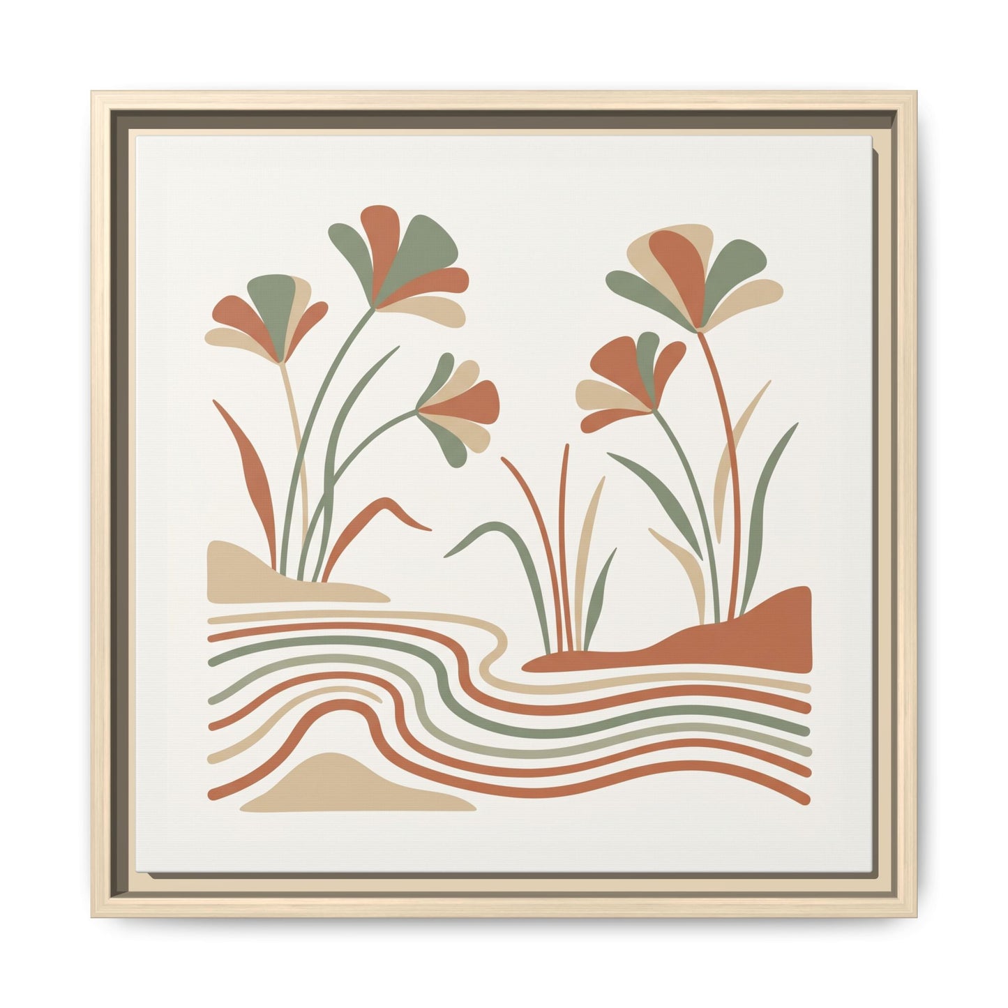Japandi Egyptian papyrus botanical canvas in modern kitchen with warm neutral interior design