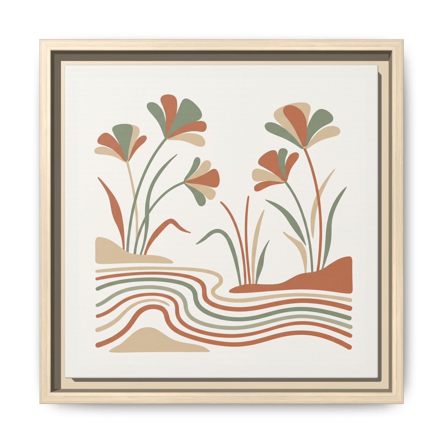 Nile Papyrus botanical canvas hung above mid century modern dresser in warm neutral bedroom