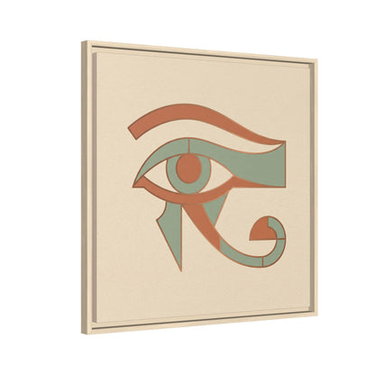 Eye of Horus canvas in modern dining room with rattan pendant and Japandi earthy decor