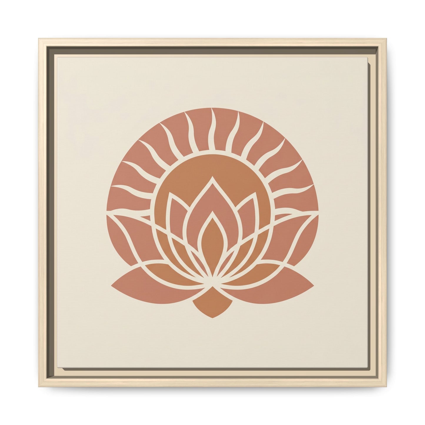 Japandi Egyptian sun lotus canvas above bed in minimalist warm neutral bedroom interior design