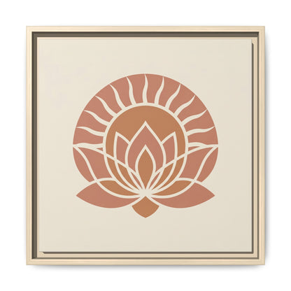 Japandi Egyptian sun lotus canvas above bed in minimalist warm neutral bedroom interior design