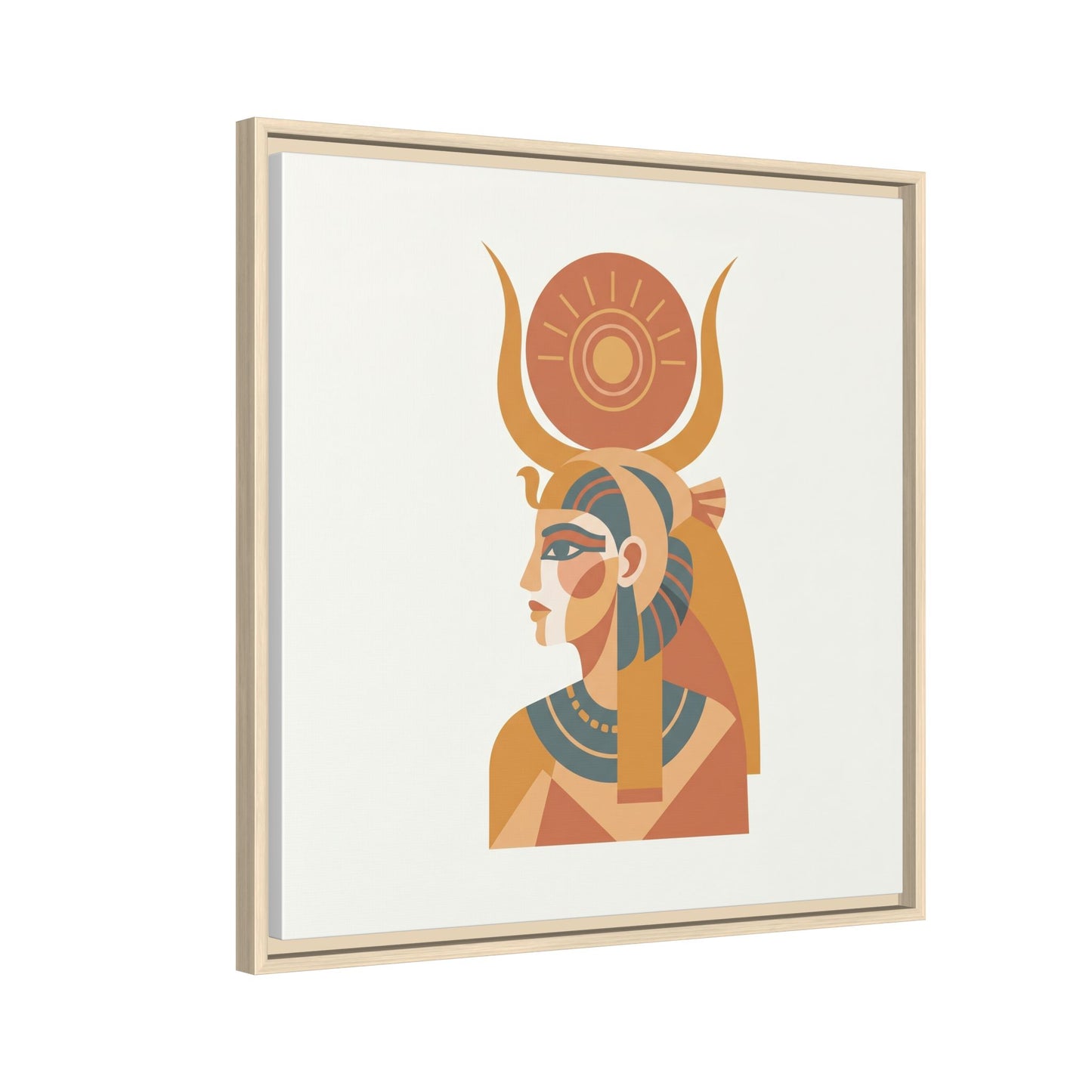 Hathor Egyptian goddess canvas in modern dining room with rattan pendant and Japandi earthy decor
