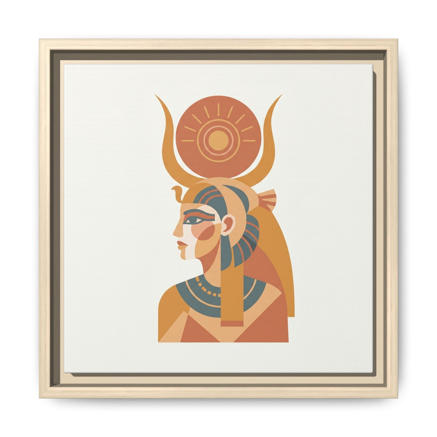 Hathor goddess canvas hung above mid century modern dresser in warm neutral feminine bedroom