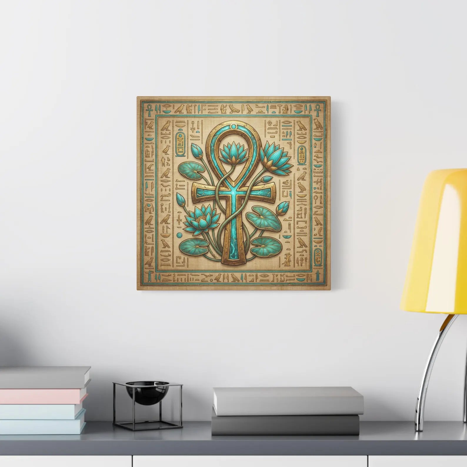 Close-up matte canvas texture detail on Egyptian Ankh and lotus eternal life print