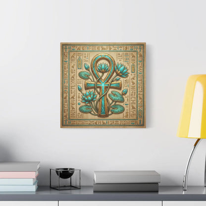 Close-up matte canvas texture detail on Egyptian Ankh and lotus eternal life print