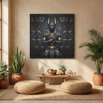 Egyptian Anubis jackal canvas above leather sofa in masculine maximalist living room interior