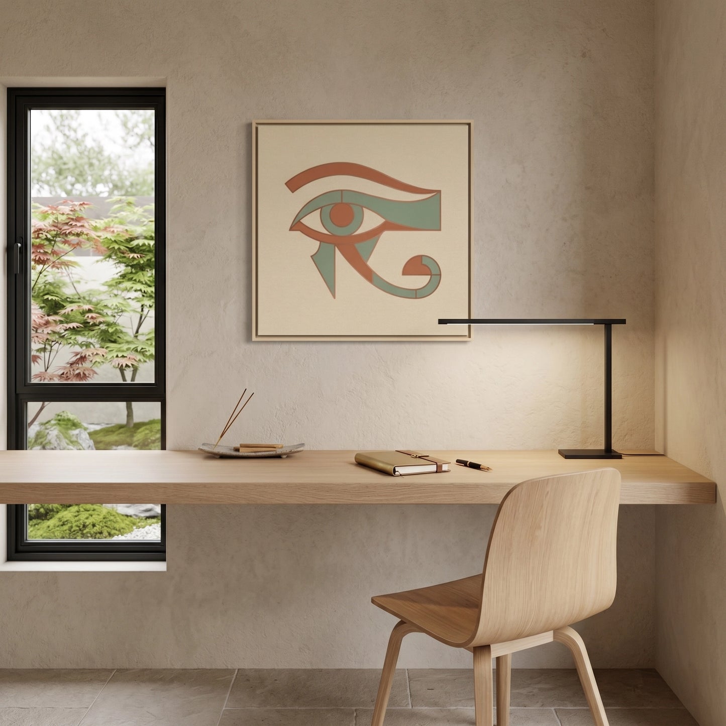 Sacred Wadjet Eye of Horus canvas in muted copper — Japandi minimalist Egyptian wall art for home office