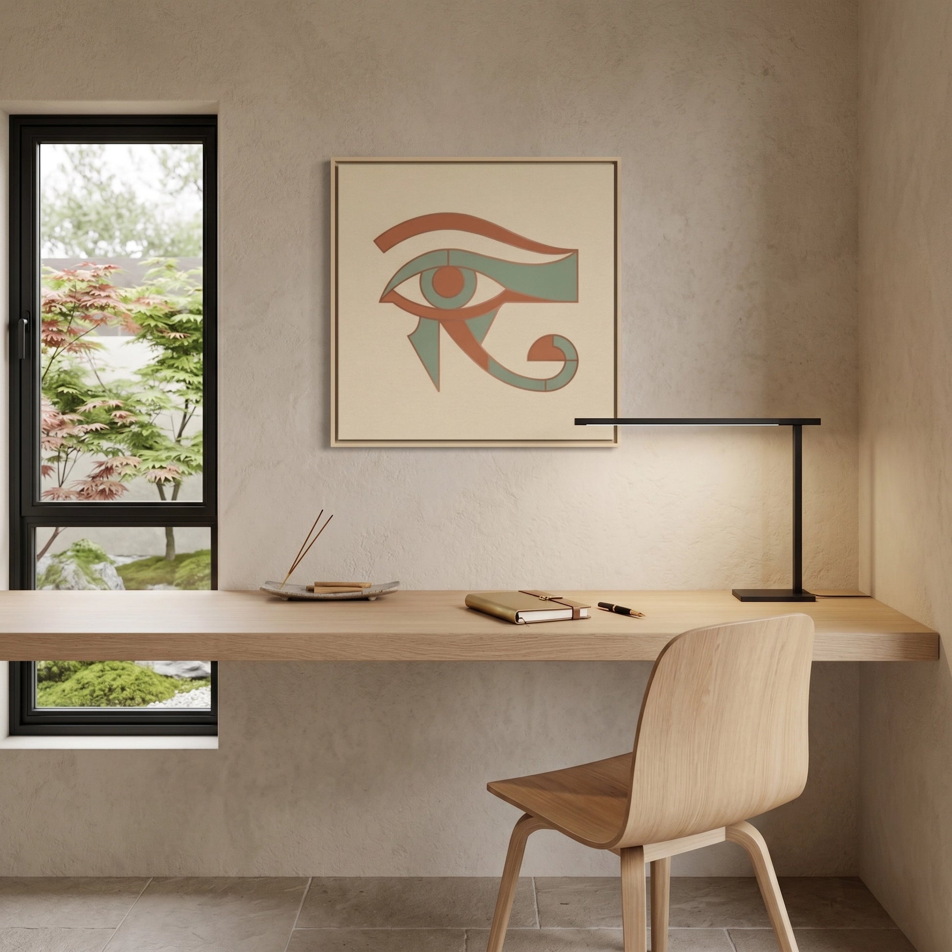 Sacred Wadjet Eye of Horus canvas in muted copper — Japandi minimalist Egyptian wall art for home office