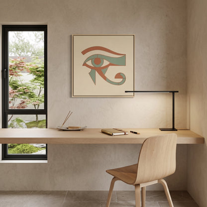Sacred Wadjet Eye of Horus canvas in muted copper — Japandi minimalist Egyptian wall art for home office