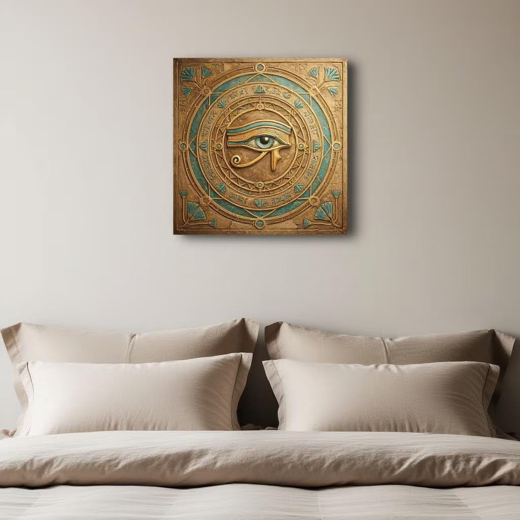 Egyptian Eye of Horus portal canvas above sacred altar with candles and crystals