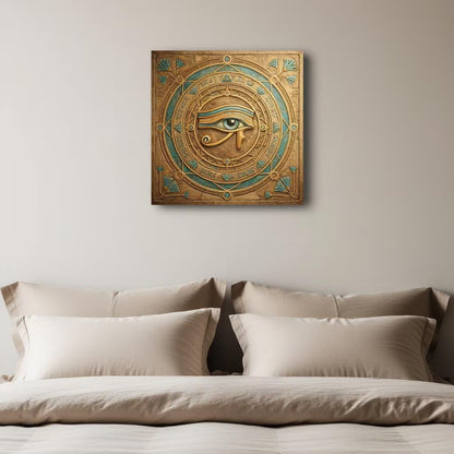 Egyptian Eye of Horus portal canvas above sacred altar with candles and crystals