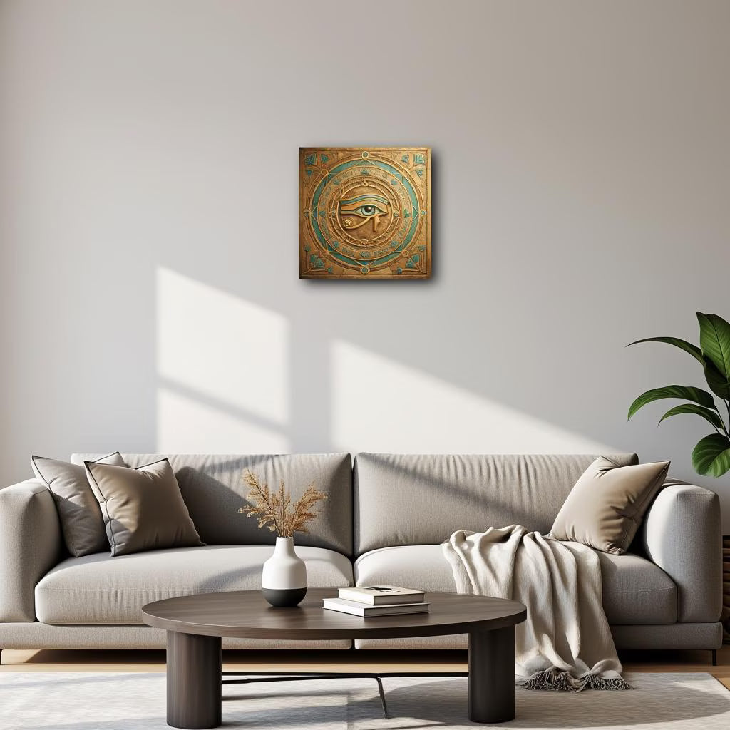Egyptian Eye of Horus portal canvas as gallery wall centerpiece with Anubis and Ankh protection set