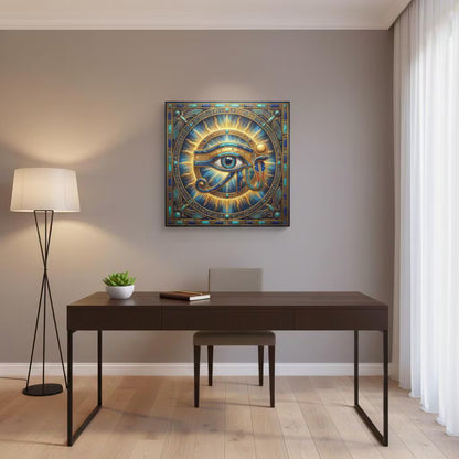 Eye of Ra Egyptian sun god canvas — solar power gold and terracotta wall art for office and study