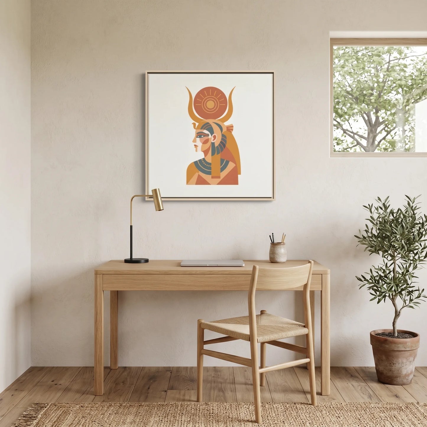 Divine Hathor Egyptian goddess canvas in warm naturals — Japandi minimalist divine feminine wall art