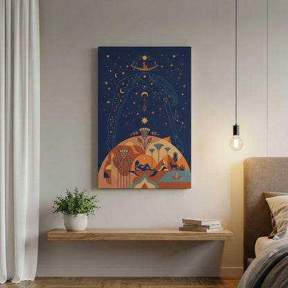 Goddess Nut cosmic canvas in modern entryway with brass console — mid century Egyptian decor