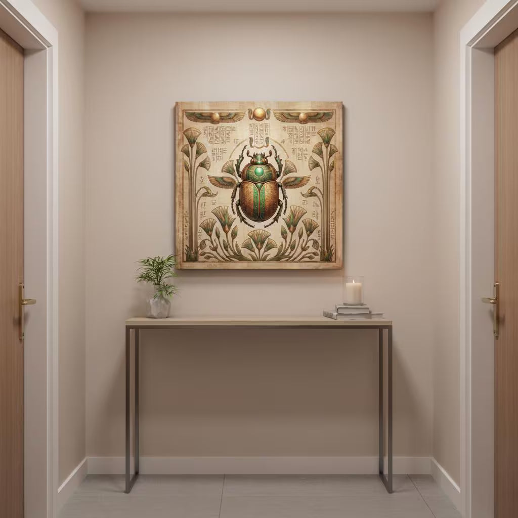 Museum-grade Egyptian golden scarab canvas in art collector hallway above oak console
