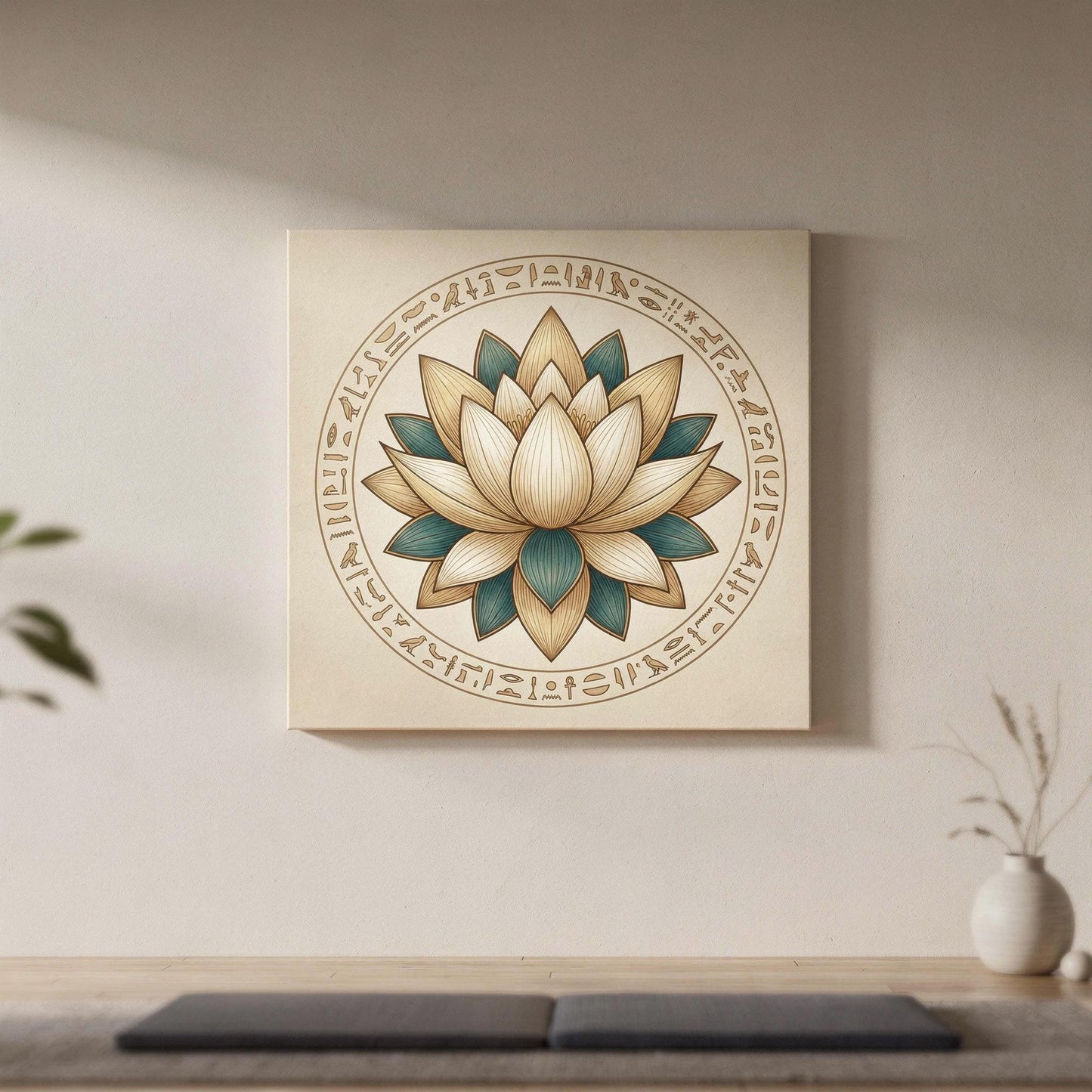 Egyptian lotus and hieroglyphics canvas — sacred temple wall art with authentic Kemetic motifs
