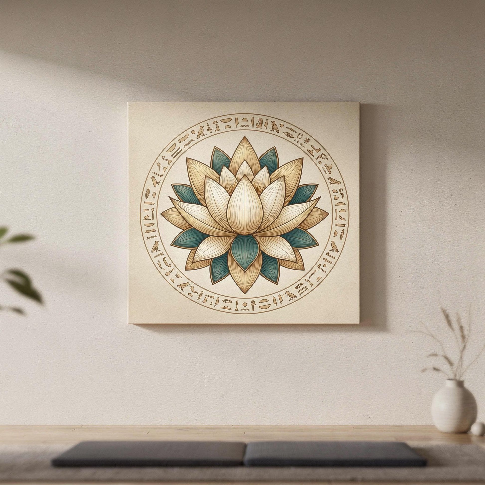 Egyptian lotus and hieroglyphics canvas — sacred temple wall art with authentic Kemetic motifs