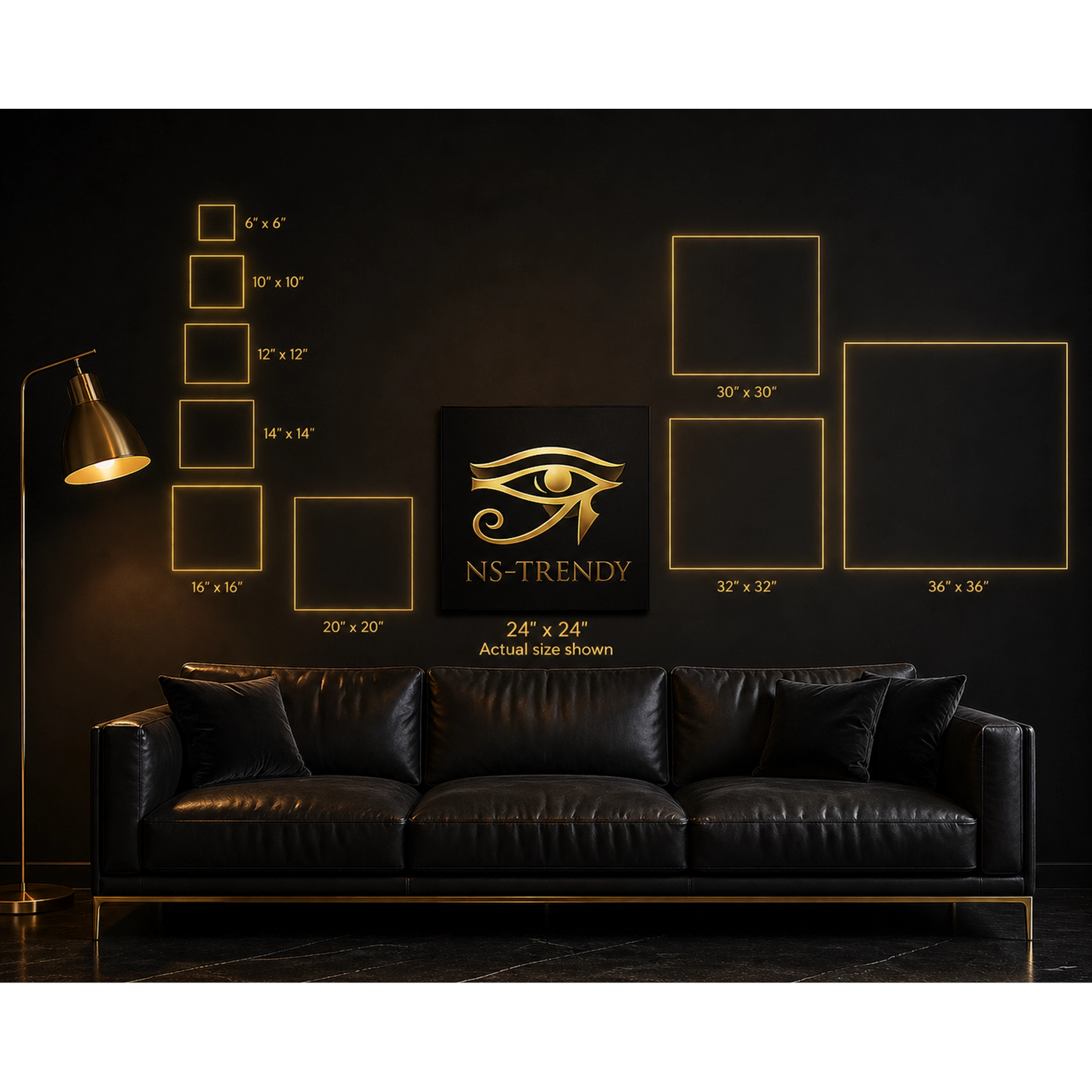 Egyptian wall art canvas size comparison guide above luxury sofa — 12, 16, 20, 24, 30, 36 inch options