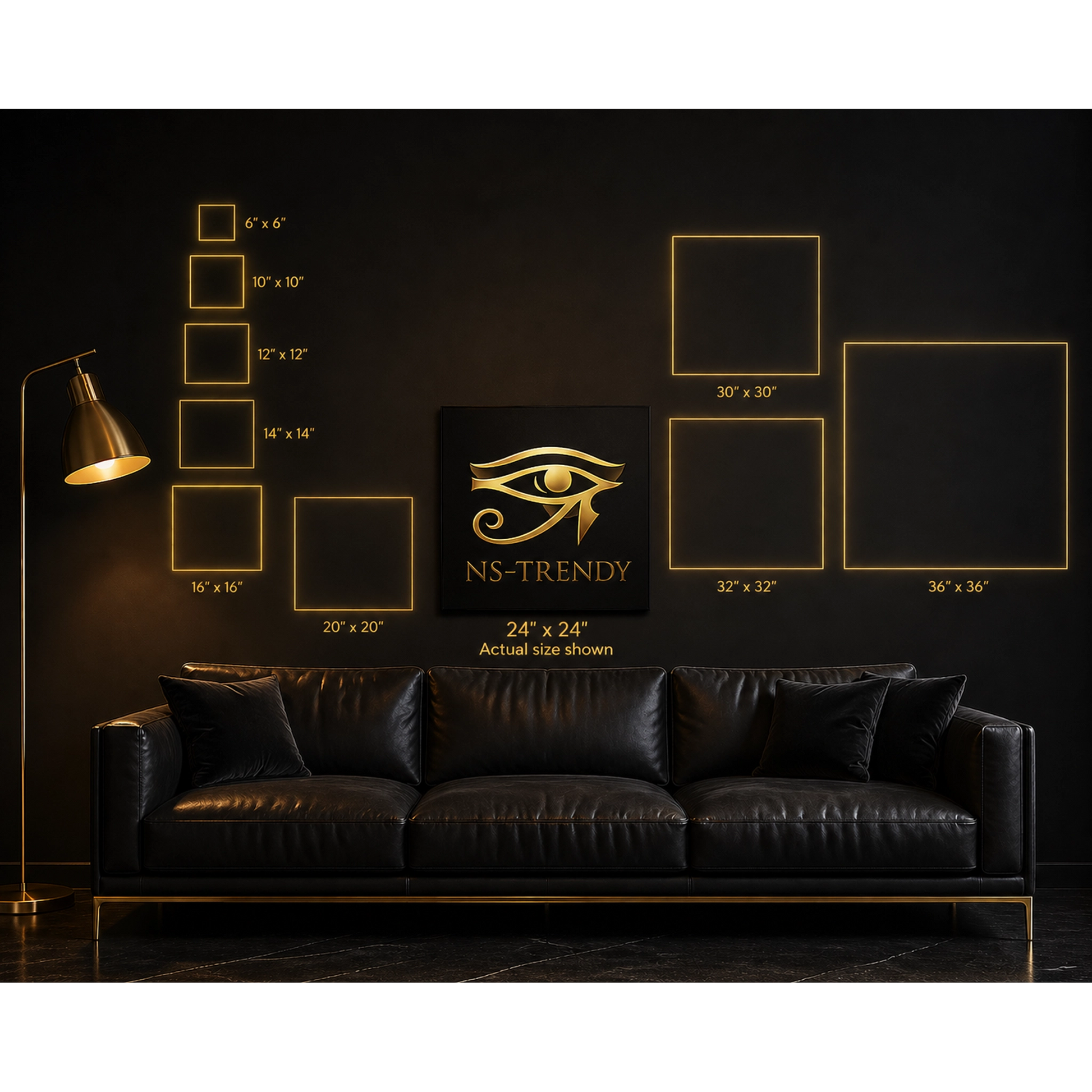 Egyptian wall art canvas size comparison guide above luxury sofa — 12, 16, 20, 24, 30, 36 inch options