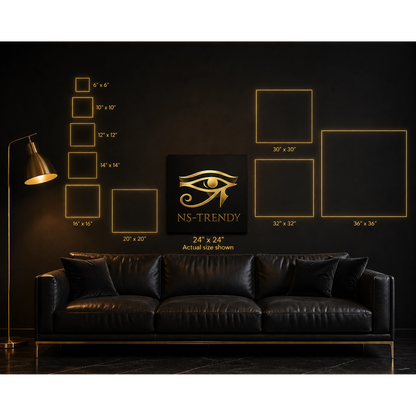 Egyptian wall art canvas size comparison guide above luxury sofa — 12, 16, 20, 24, 30, 36 inch options