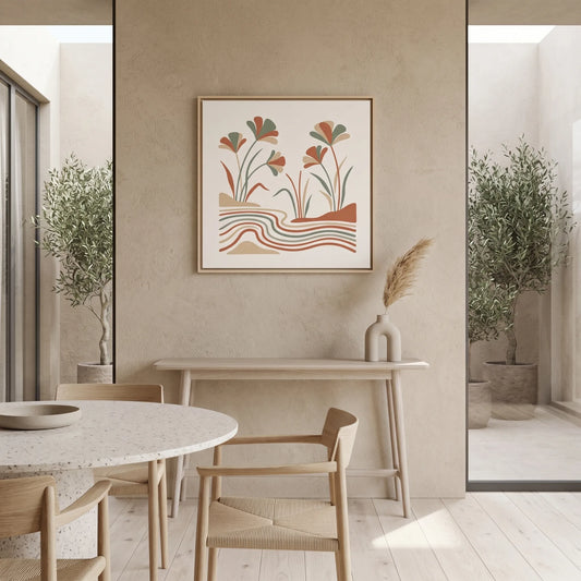 Nile Papyrus Egyptian botanical canvas in sage green and warm sand — Japandi minimalist biophilic wall art
