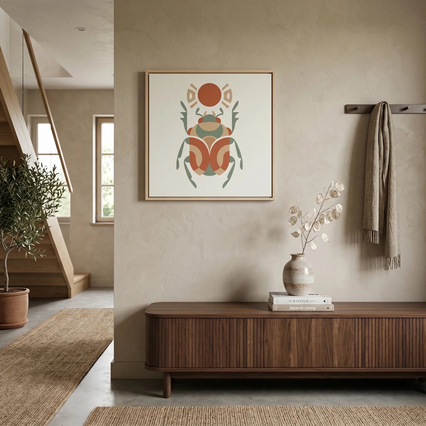 Khepri Awakening Egyptian scarab canvas in muted copper — Japandi minimalist transformation wall art