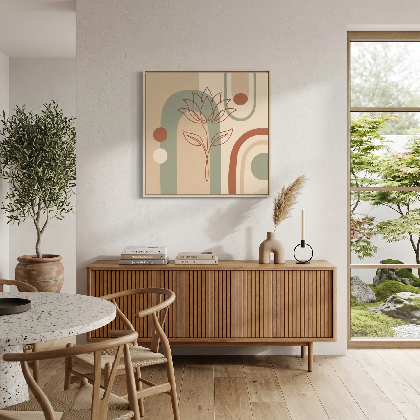 Kemetic Rebirth Egyptian lotus canvas in soft olive green — Japandi minimalist wall art for bedroom