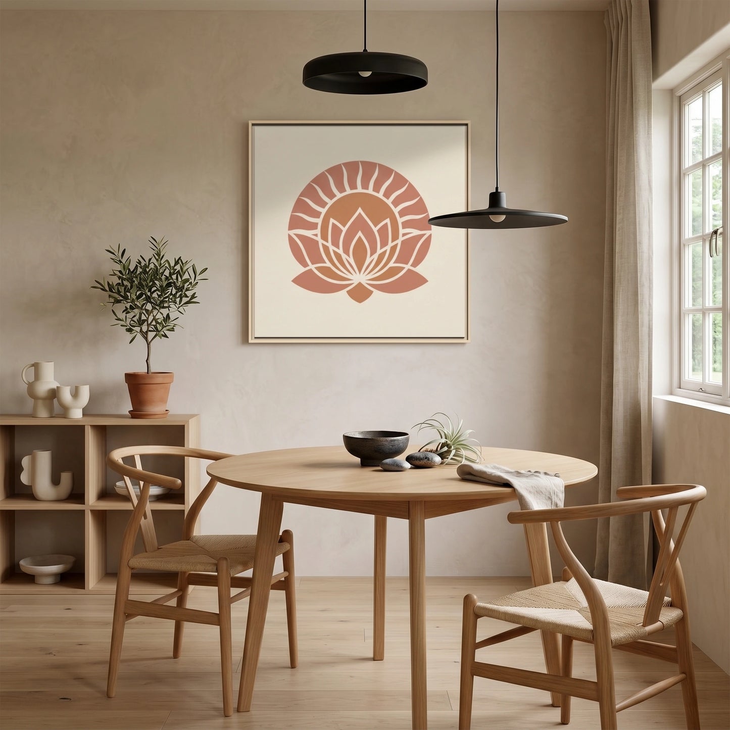 Pharaonic Dawn Egyptian sun and lotus canvas in warm terracotta — Wabi-Sabi Japandi minimalist wall art
