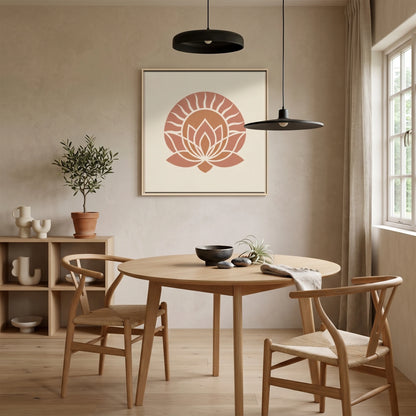 Pharaonic Dawn Egyptian sun and lotus canvas in warm terracotta — Wabi-Sabi Japandi minimalist wall art