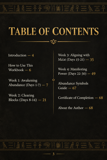 Ancient Egypt Abundance Code 30-Day Ritual Workbook table of contents