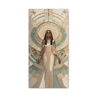 Teal and gold Isis wings canvas above queen bed in luxury master bedroom interior
