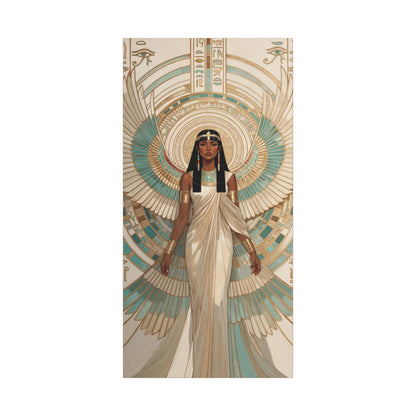 Teal gold Egyptian goddess Isis wings canvas in luxury dressing room with brass mirror