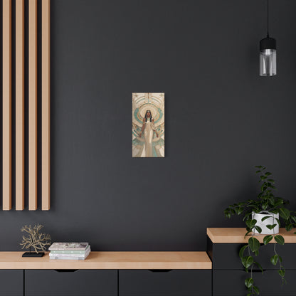 Egyptian Isis wings teal gold canvas above sacred altar with candles in luxe spiritual space