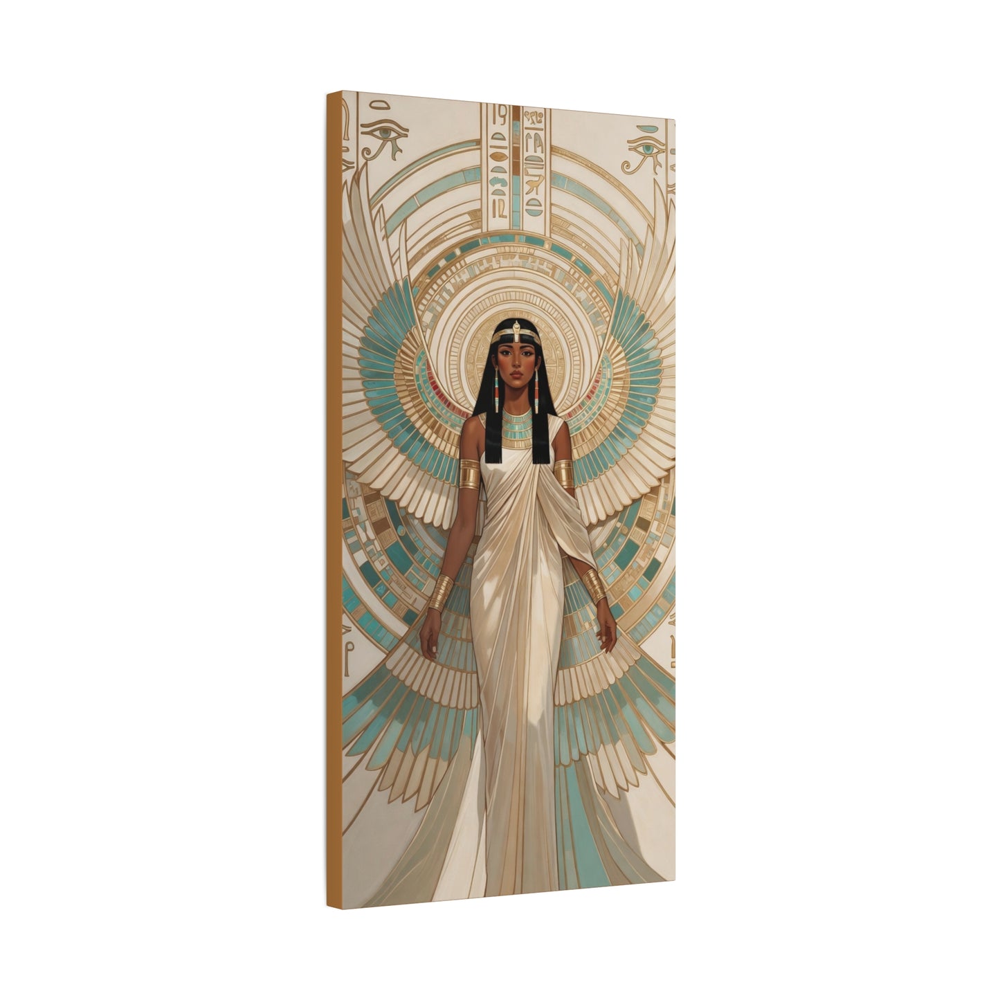 Luxury teal gold Isis canvas in modern entryway with brass console — feminine luxury wall art