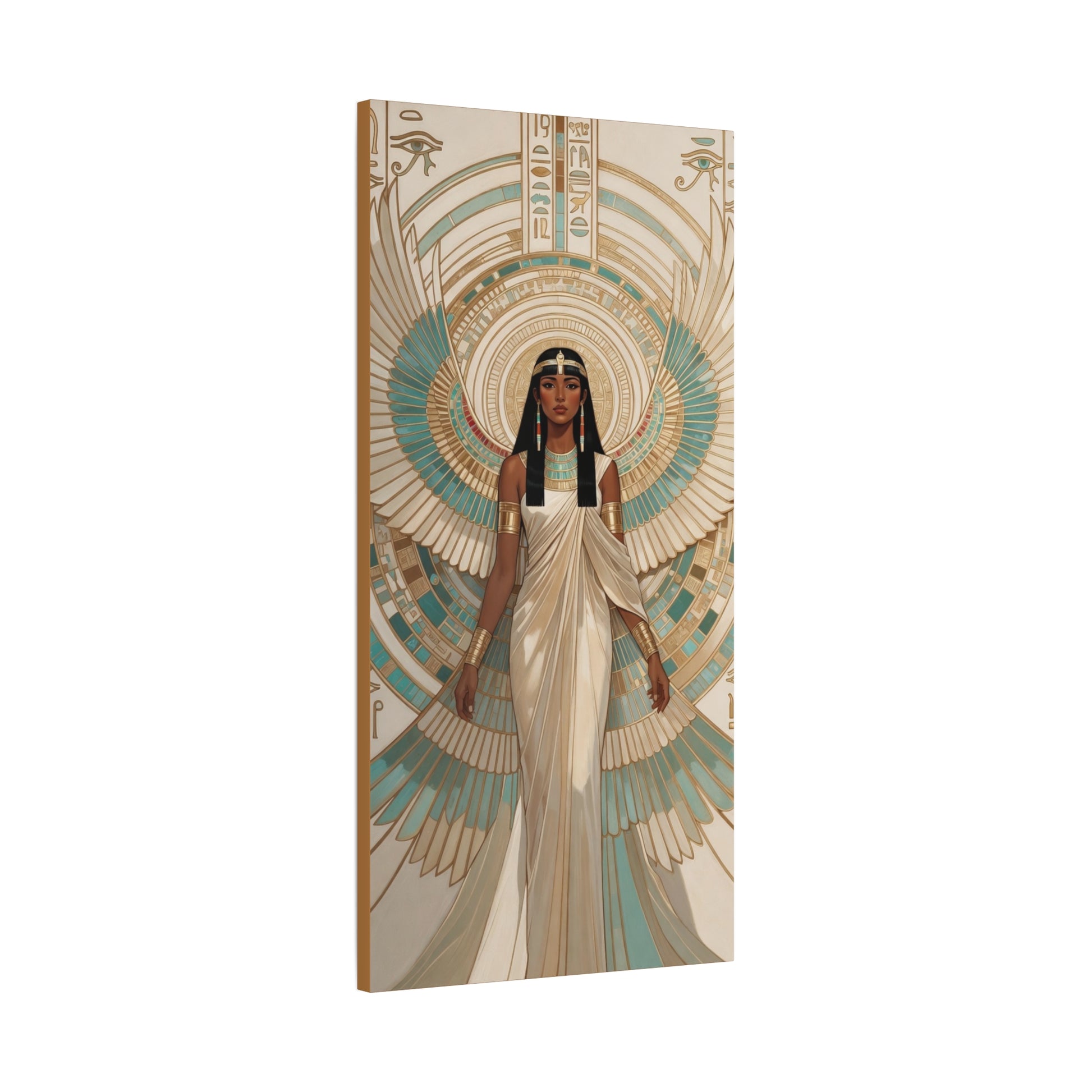Isis wings divine feminine teal gold canvas in master bedroom with linen bedding and brass lamps