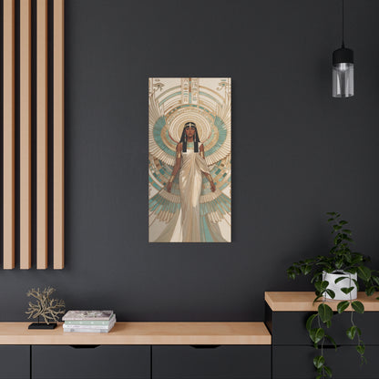Goddess Isis teal gold luxury canvas in modern reading nook with linen armchair